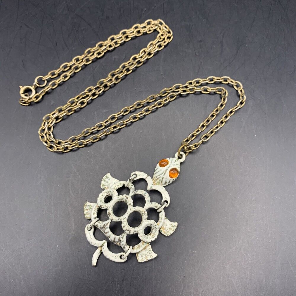 Turtle Pendant Necklace White Enamel Orange Eyes Gold Tone Articulated Vintage